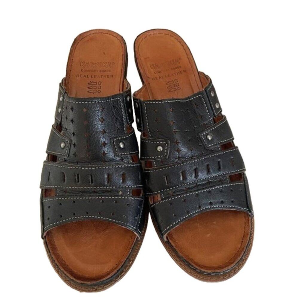 Karyoka Black Leather Slides, Heel, Studded, Boho, EU 41 / Size 10